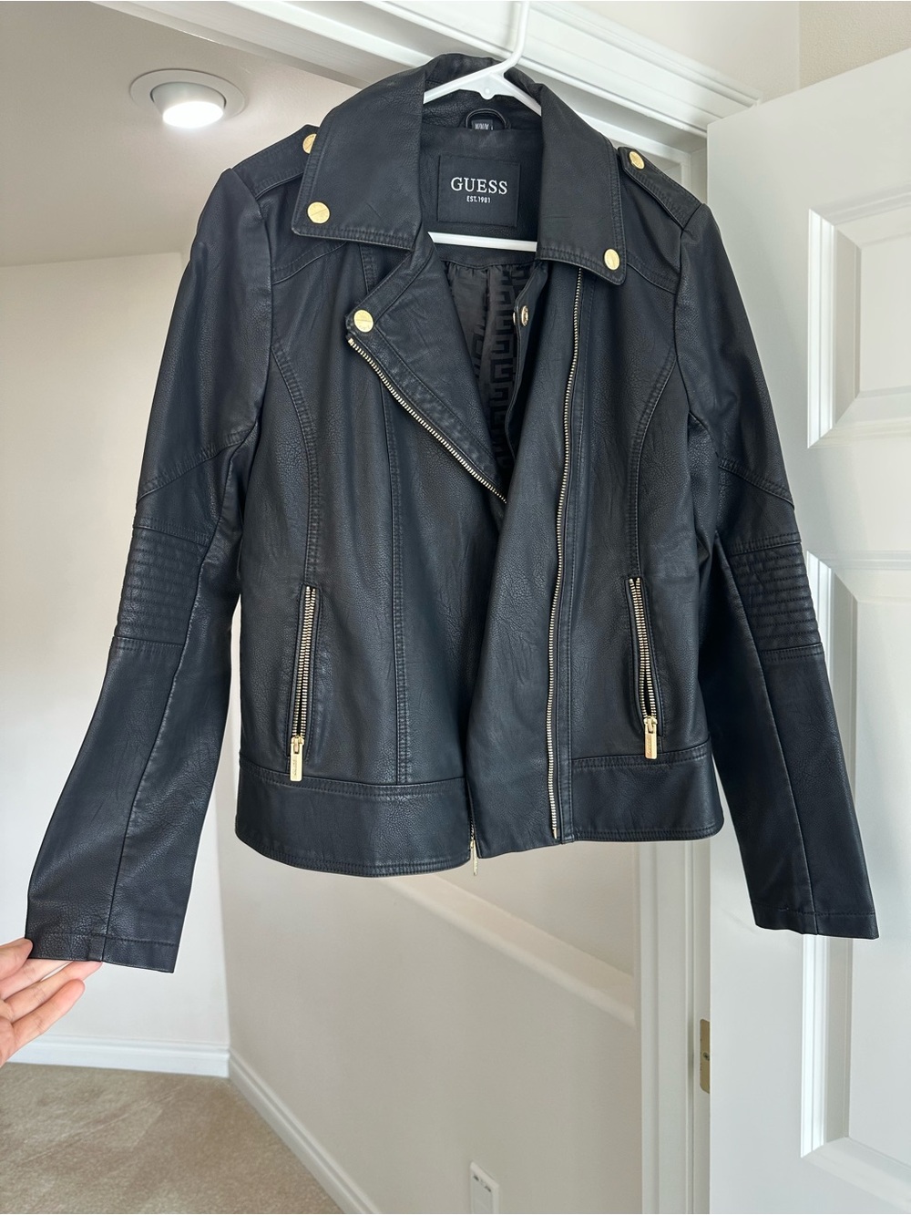 Guess Black Faux Leather Moto Jacket with Gold Accents